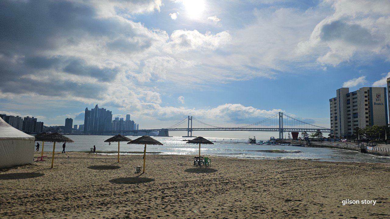 Gwangalli Beach with Gwangan Bridge and Busan skyline in the background
