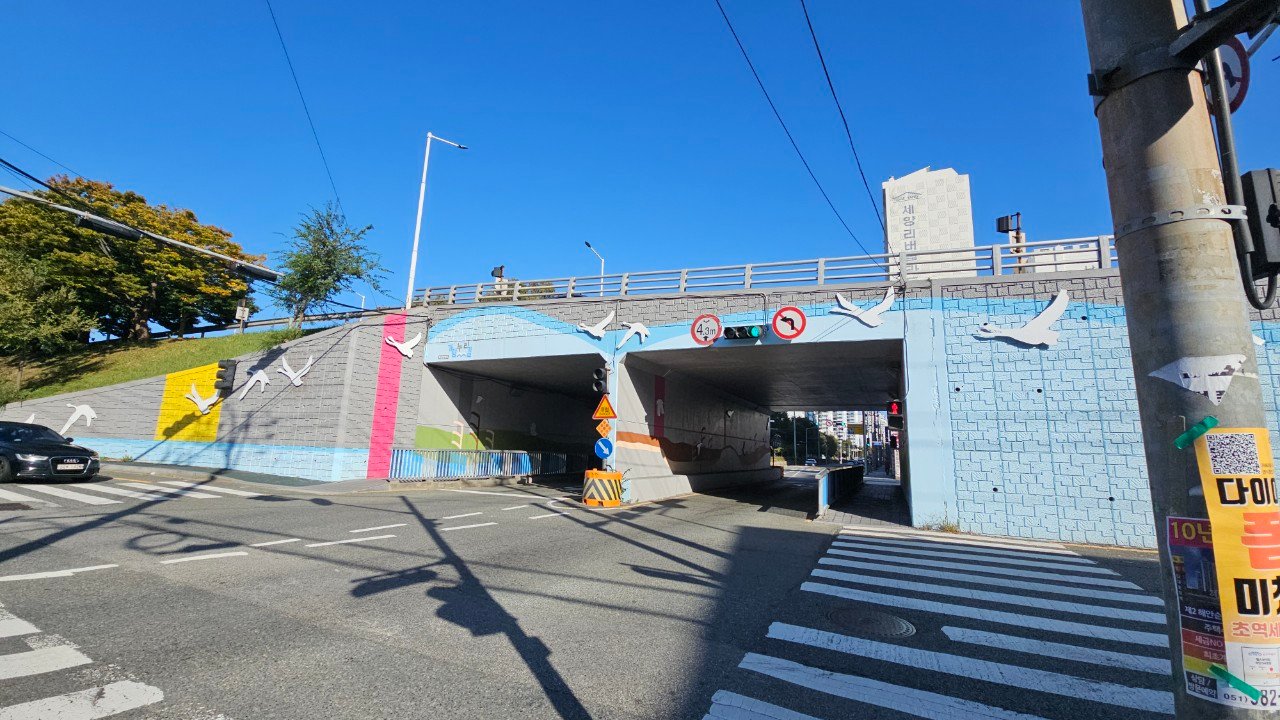 Painted underpass mural with birds near Hadan Station on Gamnaetgil Course 6-1, Busan