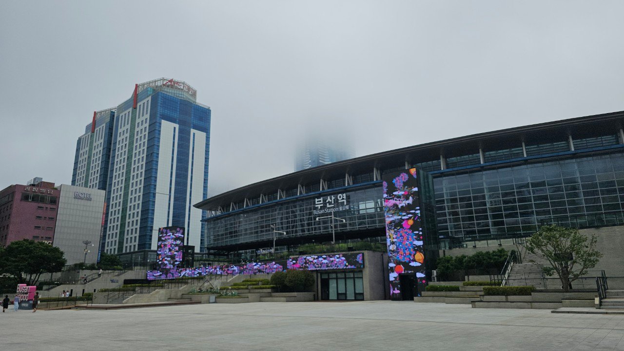 Busan Station shrouded in morning fog, start of Gamnaetgil Course 8