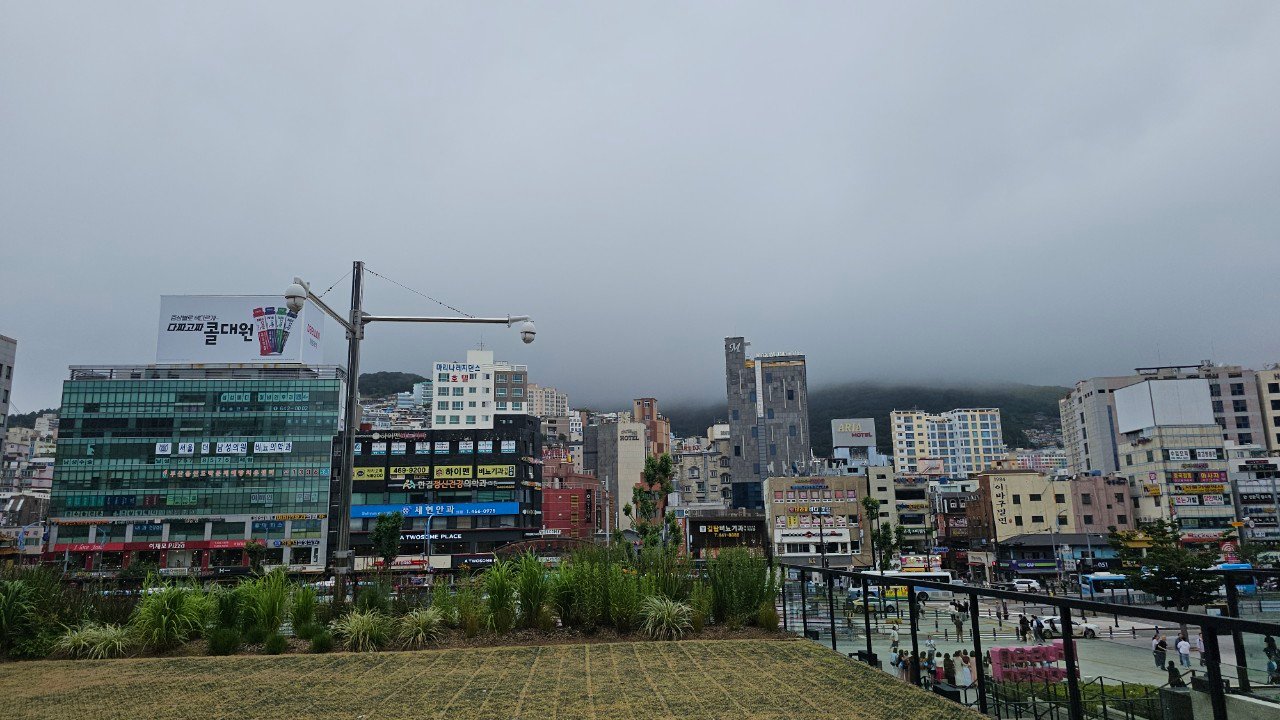 Misty view over downtown Busan from Yongdusan Park area