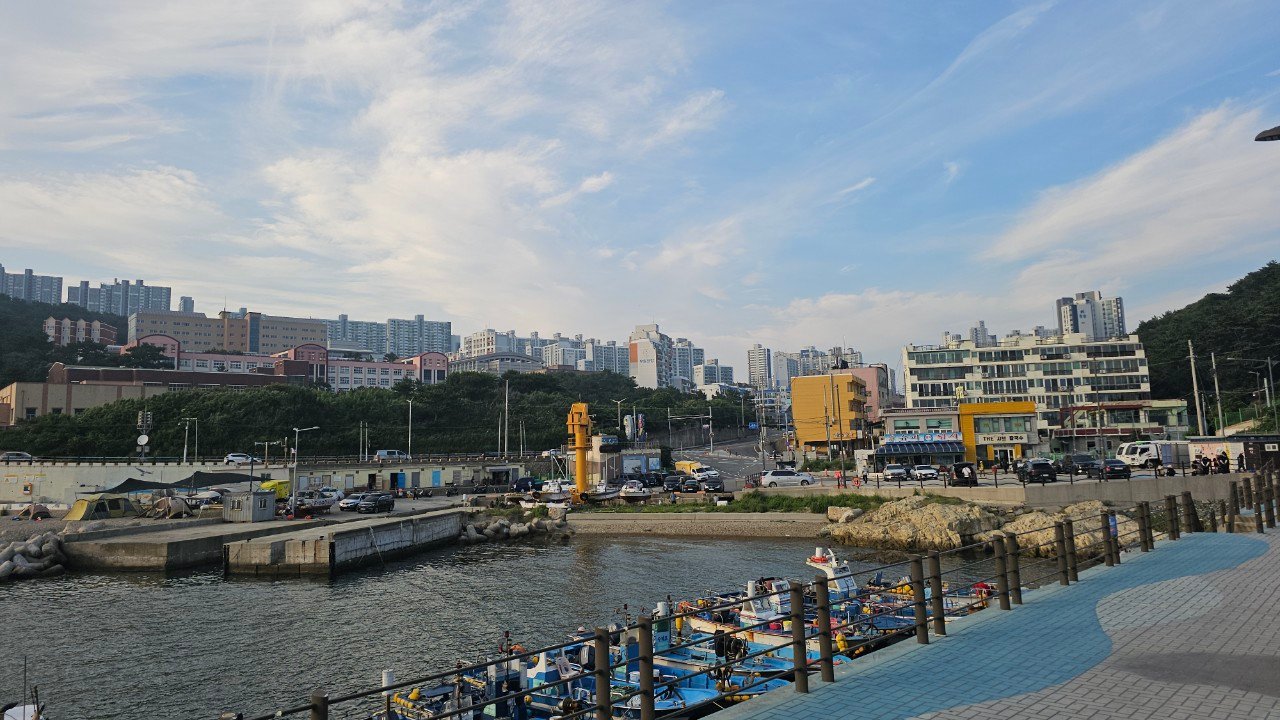 Evening light over Gamji Beach fishing harbor, Yeongdo, Busan
