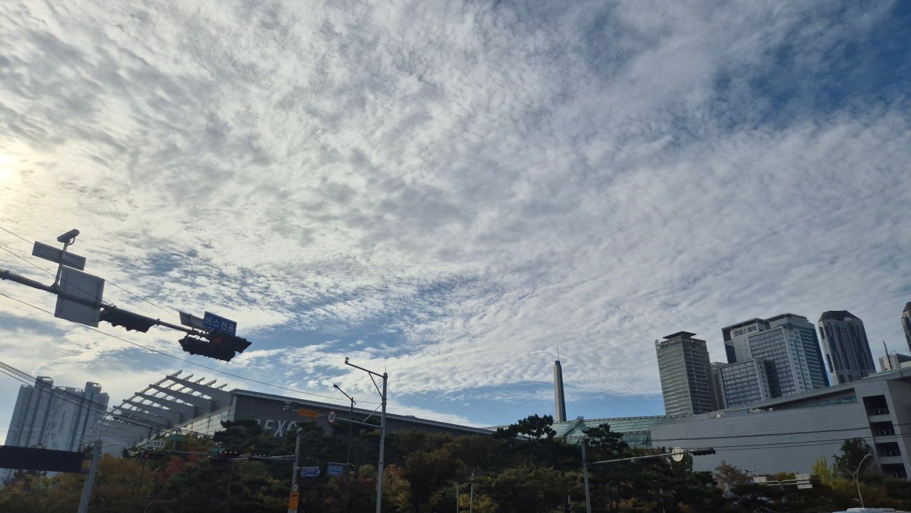 Dramatic mackerel-scale cloud sky over BEXCO in Busan on an autumn morning