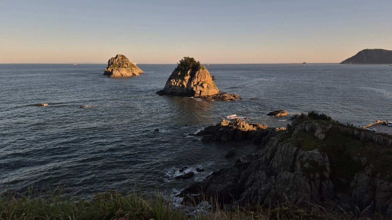 Oryukdo rock formations at golden hour, Busan