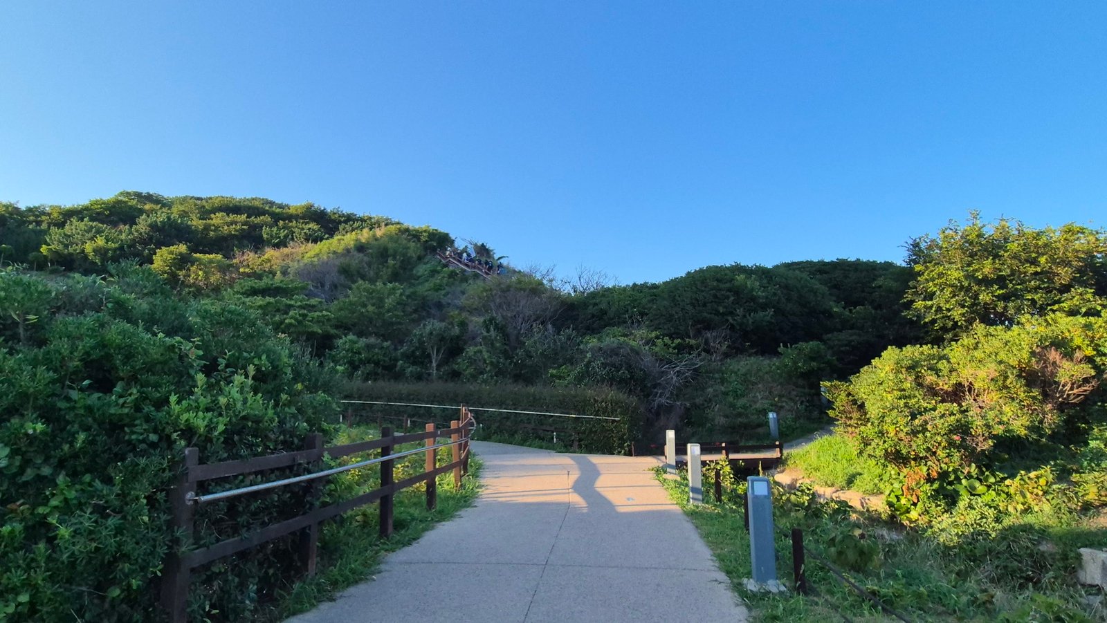 Paved trail entrance leading up a hillside near Oryukdo, Busan, in warm evening light with distant hikers visible